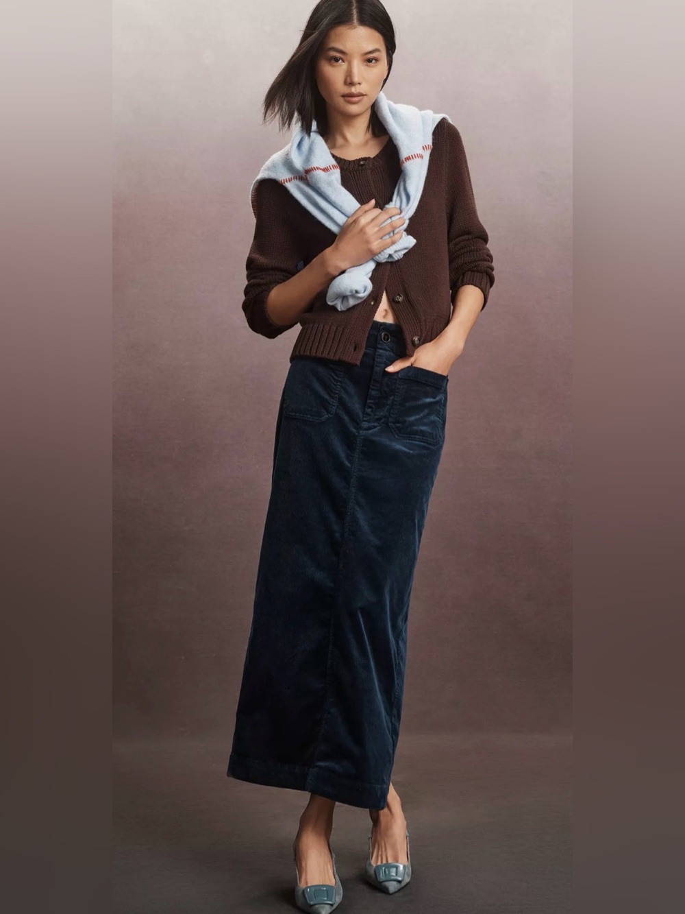 Anthropologie Navy Blue The Colette Corduroy Maxi Skirt by Maeve Size Large